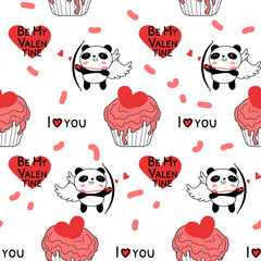 Wall Mural - Seamless pattern with Valentines day panda cupids. Cute panda bear with bow and arrow and cupcakes. Be my Valentine, I love you. Flat doodle style vector illustration