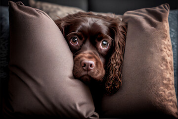 Poster - Adorable brown Cocker Spaniel puppy hiding between to couch pillows, generative AI, digital art