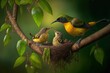 Little one being fed by olive-backed sunbirds. Generative AI