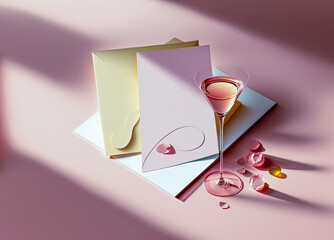 Wall Mural - two wedding invitations with martini glass on pink background