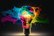 a colorful glowing idea bulb lamp isolated on black background, visualization of brainstorming, bright idea and creative thinking,generative ai