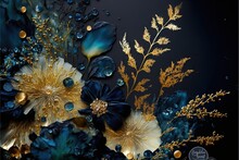  A Painting Of Flowers And Leaves With Water Droplets On Them And Gold Leaves And Blue Flowers On A Black Background With A Gold Border And Blue Border With Gold Accents And White Border, And.