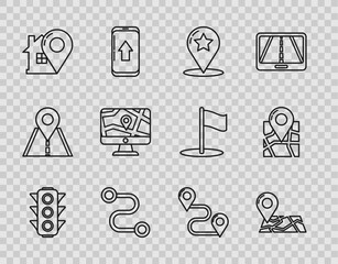 Poster - Set line Traffic light, Folded map with location marker, Map pointer star, Route, house, Monitor and folded, and icon. Vector