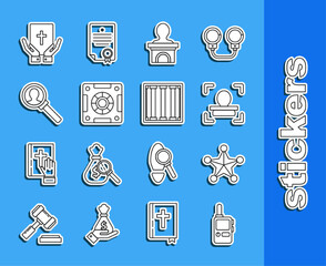 Sticker - Set line Walkie talkie, Hexagram sheriff, Face recognition, Stage stand or debate podium rostrum, Safe, Magnifying glass for search, Oath the Holy Bible and Prison window icon. Vector