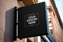 Black Square Signboard Mockup In Outside For Logo Design, Brand Presentation For Companies, Ad, Advertising, Shops. 