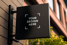 Black Square Signboard Mockup In Outside For Logo Design, Brand Presentation For Companies, Ad, Advertising, Shops. 