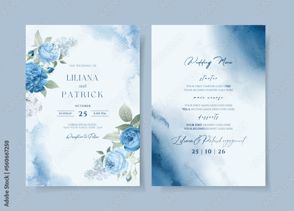 Watercolor wedding invitation template set with blue floral and leaves ...