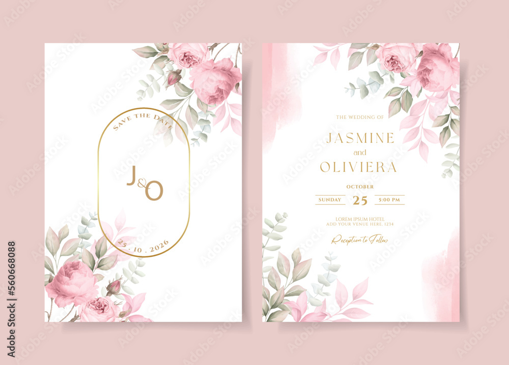Wedding invitation template set with soft pink floral and leaves ...
