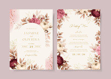 Wedding Invitation Template Set With Burgundy Red Floral And Leaves Decoration