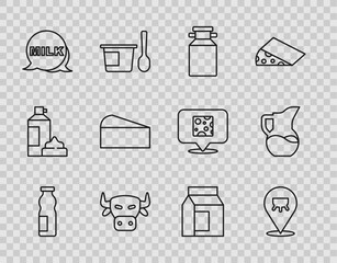 Poster - Set line Drinking yogurt in bottle, Udder, Can container for milk, Cow head, Lettering, Cheese, Paper package and Milk jug pitcher icon. Vector