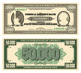 Vector new 50000 dollars banknote. Obverse and reverse of US paper money in retro style with ovals. Ribbons with inscriptions, Liberty and Martin Van Buren.