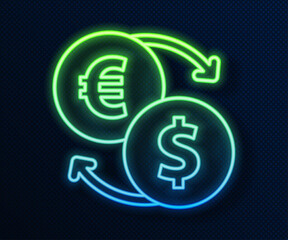 Canvas Print - Glowing neon line Money exchange icon isolated on blue background. Euro and Dollar cash transfer symbol. Banking currency sign. Vector