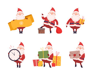 Wall Mural - Set of funny Santa Claus character with gifts. Christmas New Year symbol cartoon vector illustration