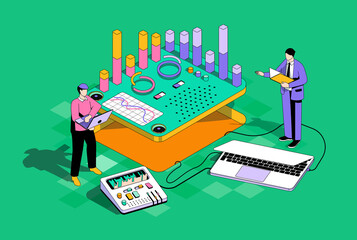 Data analysis concept in 3d isometric design. Men make report and market research, work with charts or graphs at dashboard at laptops. Isometry illustration with people scene for web graphic