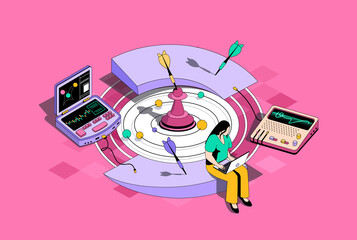 Poster - Global business concept in 3d isometric design. Woman working in international company, develop marketing strategy and achieving goals. Isometry illustration with people scene for web graphic