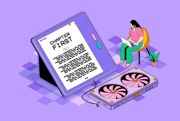 Leinwandbilder - Online reading concept in 3d isometric design. Woman reading e-books on laptop application, buying electronic books in online bookstore. Isometry illustration with people scene for web graphic