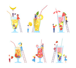 Wall Mural - Tiny people making non alcoholic cocktails set. Male and female characters putting fresh fruit and berries to big glass flat vector illustration