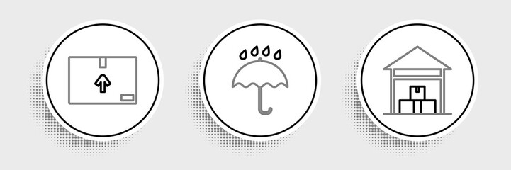 Sticker - Set line Warehouse, Cardboard box with traffic symbol and Umbrella and rain drops icon. Vector