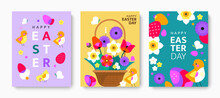Easter Greeting Cards Collection. Vector Cartoon Illustration Of Three Easter Cards In A Trendy Flat Minimalist Style With Abstract Spring Flowers, Eggs, And Chickens. Bright Color Palette