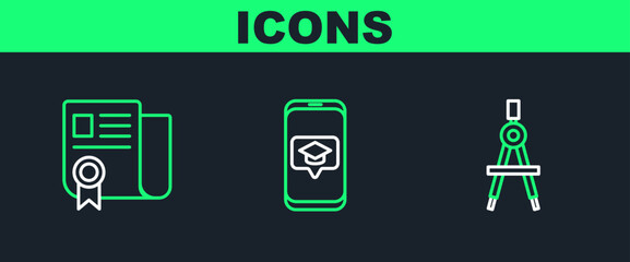 Sticker - Set line Drawing compass, Certificate template and Graduation cap on screen smartphone icon. Vector