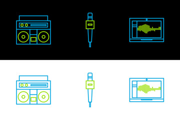 Sticker - Set line Sound or audio recorder on laptop, Home stereo with two speakers and Microphone icon. Vector