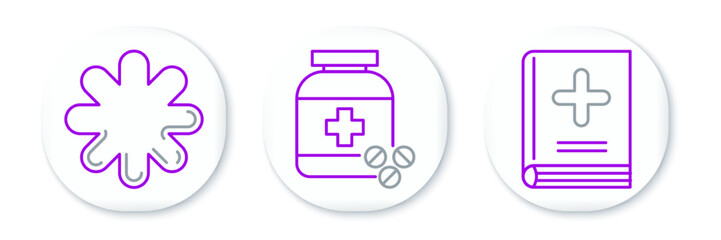 Wall Mural - Set line Medical book, Cross hospital medical and Medicine bottle and pills icon. Vector