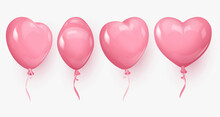 Set Of Four Glossy 3d Pink Realistic Heart Ballons, From Different Sides And Pink, White Ribbons. Vector Illustration For Card, Party, Design, Flyer, Poster, Decor, Banner, Web, Advertising. 