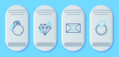 Sticker - Set line Diamond, Envelope with 8 March, Perfume and Wedding rings icon. Vector