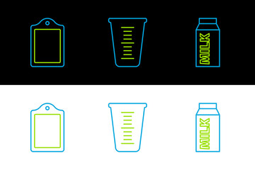 Sticker - Set line Paper package for milk, Cutting board and Measuring cup icon. Vector