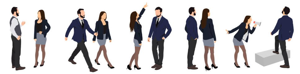 set of pair of business man and women in different pose standing in a row.