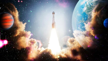 Wall Mural - shuttle launch in the clouds to outer space. dark space with stars on background.spaceship flight. e