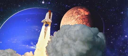 Wall Mural - shuttle launch in the clouds to outer space. dark space with stars on background.spaceship flight. e