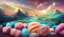3D Art, Colorful Pastel Candy Landscape As Fantasy Background