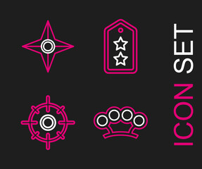 Sticker - Set line Brass knuckles, Target sport, Military rank and Japanese ninja shuriken icon. Vector