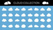 collection of white puffy cloud symbols isolated on blue background, icon set vector illustration