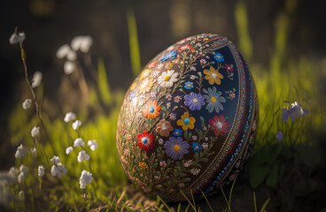 Sticker - traditional Easter eggs in grass. Generative AI picture.