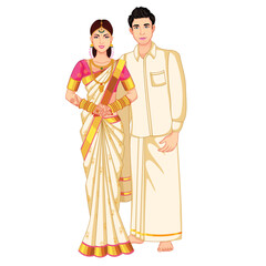 Canvas Print - South Indian Wedding Couple Standing wearing Silk Saree and veshti