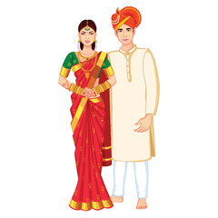 Wall Mural - Indian Wedding Couple Standing wearing Silk Saree and Kurta
