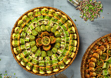  Assortment Of Oriental Arabic Sweets With Pistachio  From Top View.