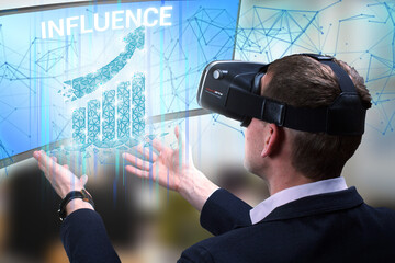 Wall Mural - Business, Technology, Internet and network concept. Young businessman working on a virtual screen of the future and sees the inscription: Influence