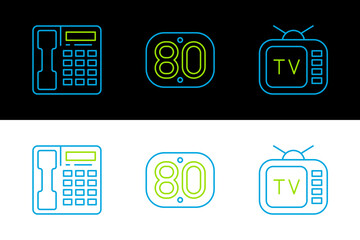 Sticker - Set line Retro tv, Telephone handset and 80s icon. Vector