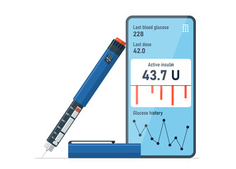 Blood glucose measurement and diabetes self care mobile app with insulin injector pen. Diabetic sugar online control and hormone injection smartphone application concept. Diabet monitoring and treat