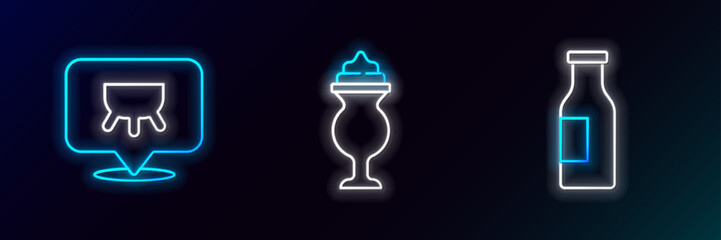 Sticker - Set line Bottle with milk, Udder and Milkshake icon. Glowing neon. Vector