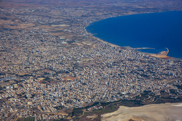 Poster - Aerial view from plane window with Larnaca city in Cyprus island country