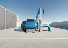 3d Rendering Of Water Pump Station On Rooftop Of Water Tank. Include Centrifugal Pump, Electric Motor, Pipeline, Valve And Electrical Control Box. Machine In Industrial Work For Distribution Water.
