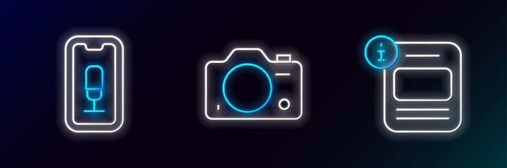 Poster - Set line Information, Mobile recording and Photo camera icon. Glowing neon. Vector