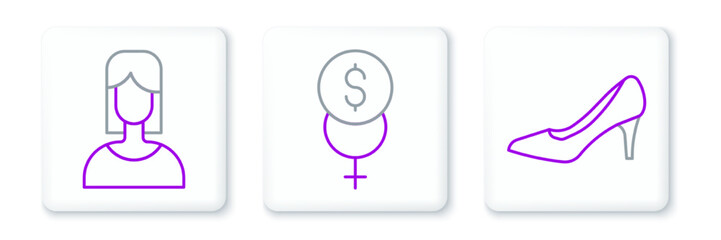 Sticker - Set line Woman shoe, Female and Feminism finance icon. Vector