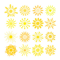 Wall Mural - Simple yellow suns set vector flat illustration with round shape middle, cute summer image for making cards, decor, vacation concept and holiday and summertime design for children