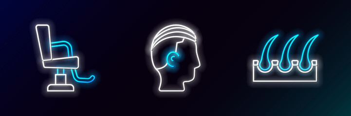 Sticker - Set line Human hair follicle, Barbershop chair and Hairstyle for men icon. Glowing neon. Vector