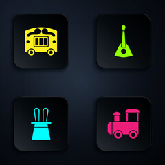 Poster - Set Toy train, Circus wagon, Magician hat and rabbit ears and Balalaika. Black square button. Vector